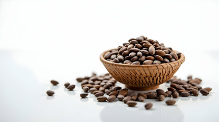 Fototapeta premium A rustic bowl overflows with dark brown seeds, scattered on a pristine white surface. A simple yet elegant still life.