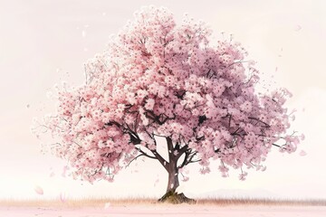 Fototapeta premium A tree with pink flowers is in the foreground. The tree is surrounded by grass. The tree is the main focus of the image