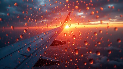 A photorealistic image of raindrops on an airplane window, capturing a stunning sunset view outside. 