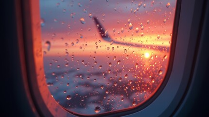 A photorealistic image of raindrops on an airplane window, capturing a stunning sunset view outside. 