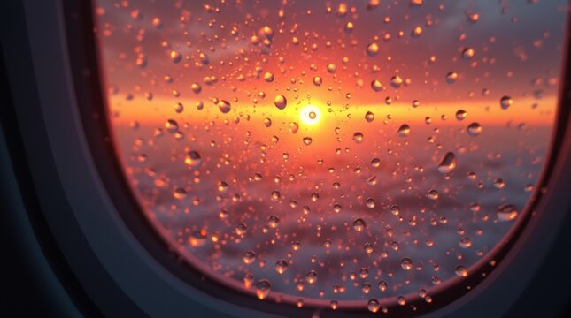 A photorealistic image of raindrops on an airplane window, capturing a stunning sunset view outside. 