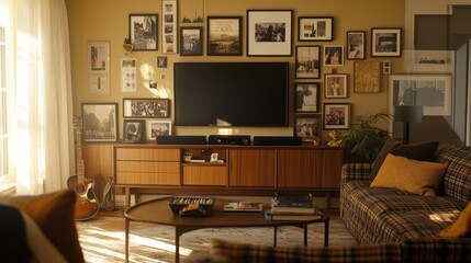Sunlit Living Room with Mid-Century Modern Decor and Gallery Wall