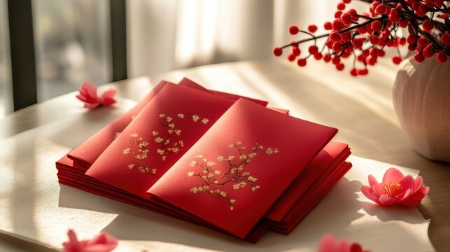 Elegant Red Angpao Envelopes Arrangement with Blooming Flowers in Soft Natural Light