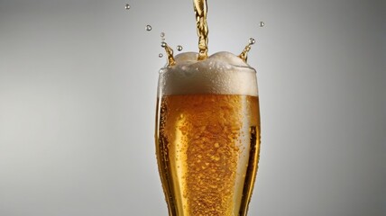 A photorealistic close-up of a golden beer being poured into a clear glass, capturing the bubbles and foam as it cascades down. 