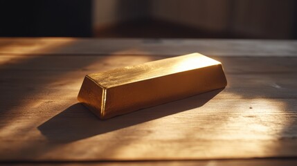 Isolated Gold Bar Resting on Minimalistic Wooden Surface with Soft Lighting and Shadows