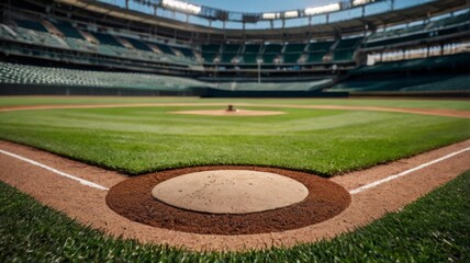 Close up view of a baseball field s base within a stadium, showcasing the intricate details of the base and surrounding turf, emphasizing the vibrant environment of the baseball field.
