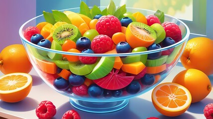 A mixed fruit salad in a glass bowl, showing intricate textures and reflections, hyper-realistic style.