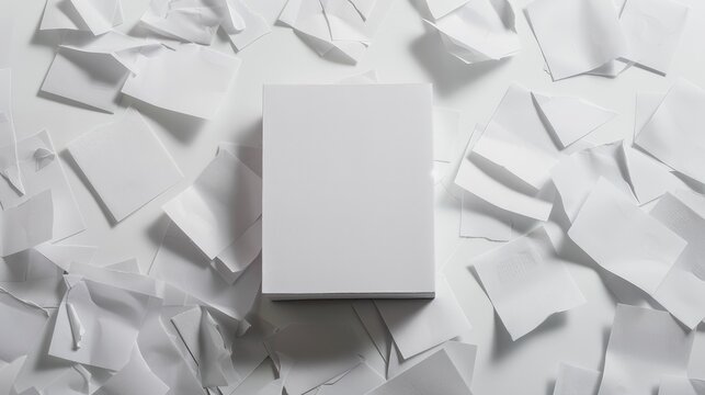 A blank box surrounded by scattered white paper pieces, suggesting creativity or organization.