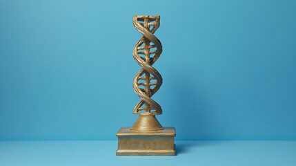 A golden DNA sculpture stands on a base against a blue background, symbolizing genetics and scientific innovation.