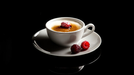 A luxurious dessert of crème brûlée served in a delicate ramekin, featuring a perfectly caramelized sugar top and garnished with fresh berries, offering a rich and elegant treat for any occasion.
