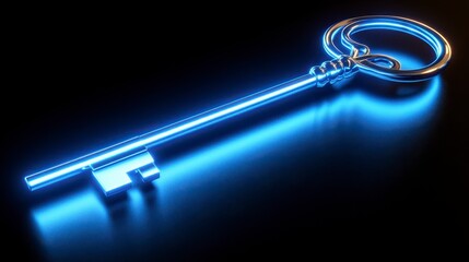 A glowing blue key rests on a dark surface, showcasing a sleek design that emphasizes modern aesthetics and technology.