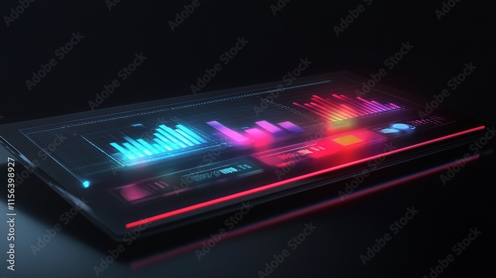 Poster holographic financial data display with graphs and visual elements