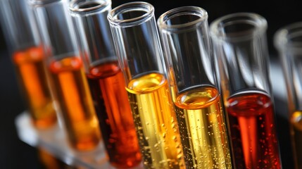 A series of test tubes filled with vibrant colored liquids, showcasing various shades from yellow to reddish-brown, indicative of chemical experiments.