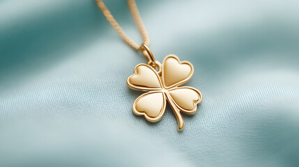 golden clover charm pendant on soft, textured fabric background, radiating elegance and charm. soft light enhances delicate features of jewelry piece