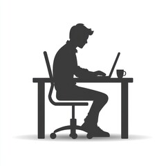 Silhouette of man typing on laptop at desk.