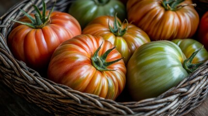 Fresh Tomatoes in a Wooden Basket on a Table