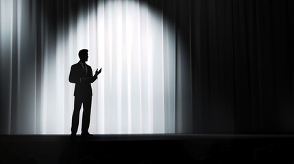 Presenter on Stage at Conference with Spotlight and Curtains