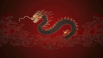 Fototapeta premium A minimalist red background with a glowing golden dragon silhouette, isolated in the center