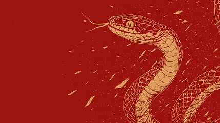 Obraz premium A bold red background featuring an isolated small snake in a striking upward pose, surrounded by golden sparkles