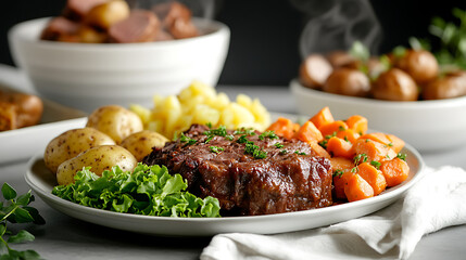 Sliced Roast Beef with Roasted Vegetables, a Delicious and Healthy Meal, Close-up of a plate of sliced roast beef served with roasted potatoes and carrots, alongside fresh lettuce.