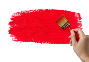 Hand painting using a red roller brush isolated on a transparent or white background