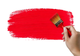 Hand painting using a red roller brush isolated on a transparent or white background