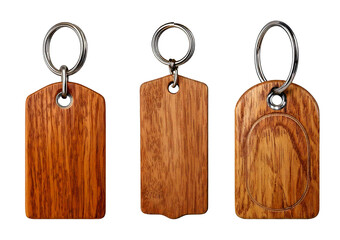 Set Wooden Keychain Tag with Metal Ring isolated on a transparent or white background