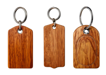 Set Wooden Keychain Tag with Metal Ring isolated on a transparent or white background