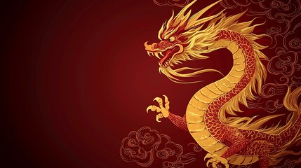 A vibrant red background featuring an isolated dragon breathing fire, surrounded by glowing sparks