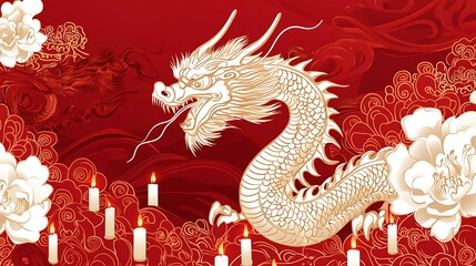 Obraz premium A detailed close-up of a golden dragon ornament surrounded by red silk fabric and glowing candles