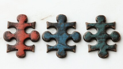 Fototapeta premium Three decorative metal pieces in red and blue, featuring a distinct cross-like design, showcasing unique textures and colors.