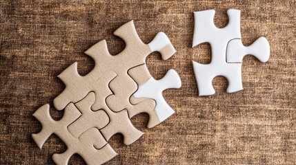 A close-up of puzzle pieces on a textured surface, showcasing the process of fitting pieces together.