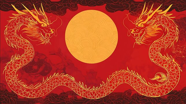 A bold postcard design with a dragon curling around a glowing pearl symbolizing wisdom and prosperity