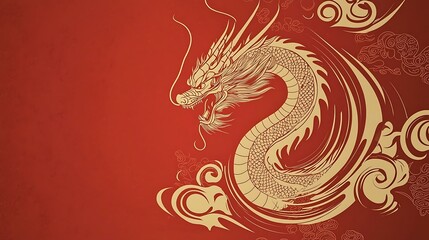 Obraz premium A luxurious red background with an isolated golden dragon surrounded by swirling clouds