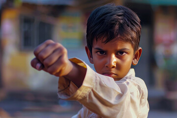 A young Indian boy learns martial arts, his enthusiasm and determination evident in every punch and kick. 