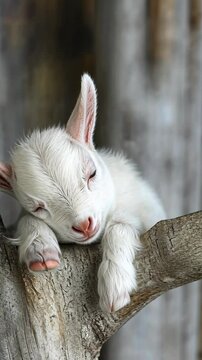 Cute baby goat resting peacefully on a wooden branch in a serene barn setting during daylight hours