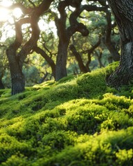 Fototapeta premium Sunlit forest floor with moss and trees.