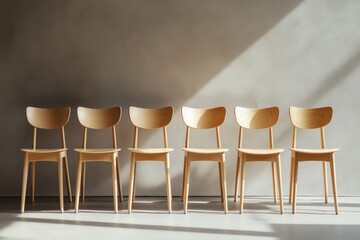 A spacious studio shot showcasing a row of simple, stackable chairs against a gray background, with soft shadows for depth and dimension.