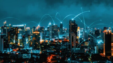 Smart digital city with connection network reciprocity over the cityscape . Concept of future smart wireless digital city and social media networking systems that connects people within the city . - Powered by Adobe