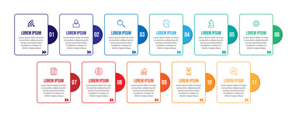 infographic business design for your presentation with 11 sections containing icons, numbers, directions and colors