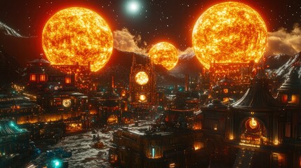 Naklejka premium Futuristic city illuminated by two massive burning suns at night.