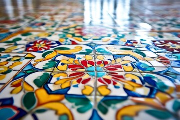 Obraz premium A tile floor with a colorful design. The tiles are yellow, red, and blue. There are flowers on the tiles