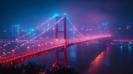 Naklejka premium Night cityscape with illuminated suspension bridge.
