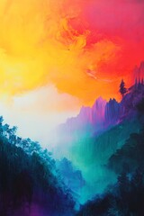 Fototapeta premium A colorful abstract landscape painting featuring vivid hues and a dreamlike atmosphere, perfect for modern art enthusiasts.