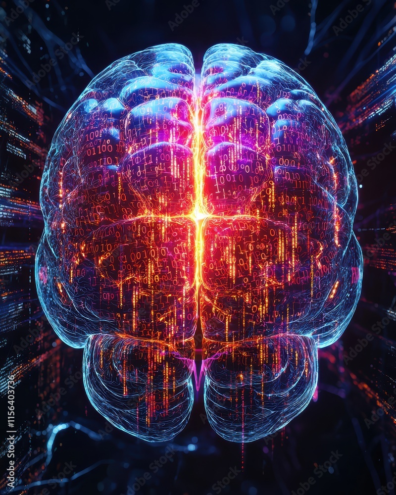 Poster futuristic digital brain with neon lights and binary code elements