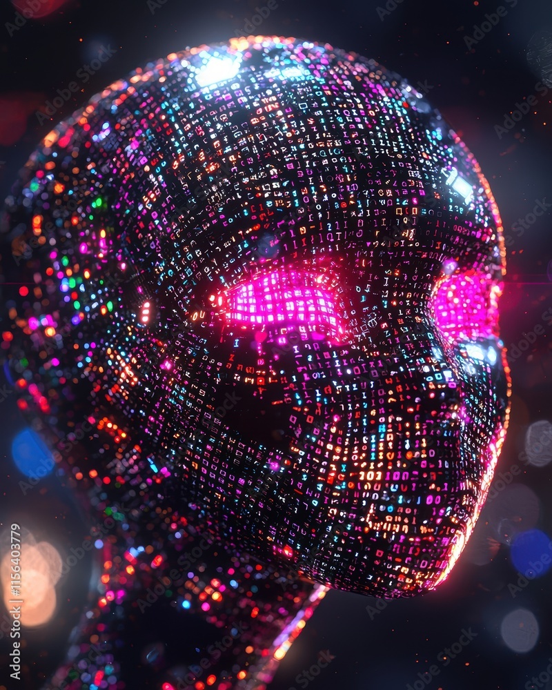 Poster abstract digital face with colorful binary code and glowing eyes