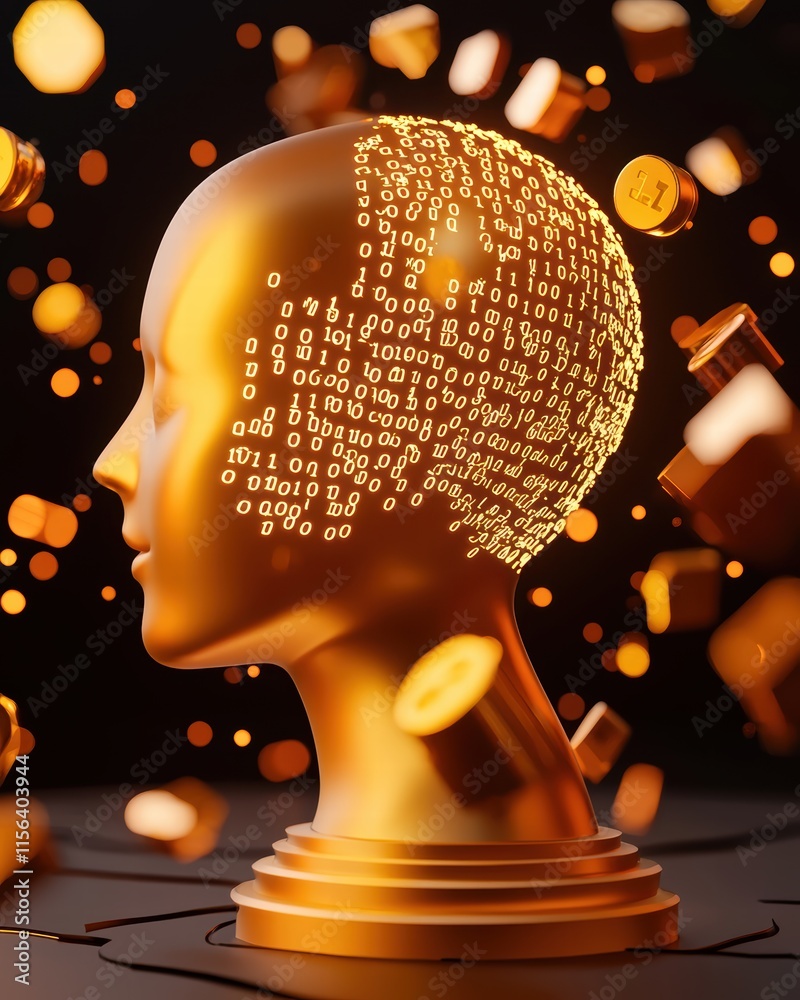 Poster futuristic human head displaying binary code with golden elements