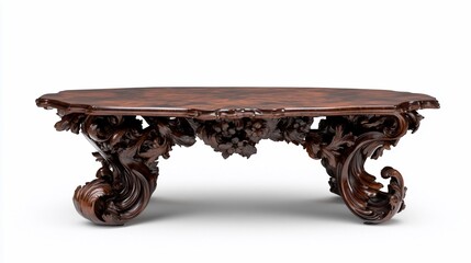 Ornate wooden coffee table with intricate carvings.
