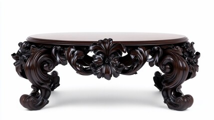 Ornate wooden coffee table with intricate carvings.
