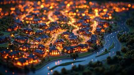 Night view of illuminated miniature city model.